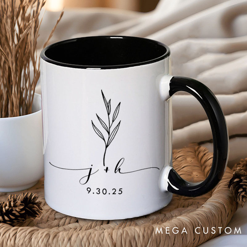 Personalized Couple Minimalist Leaf Mug with Date Custom Couple Initials Coffee Mug Valentine's Day Mug for Husband Wife Boyfriend Girlfriend