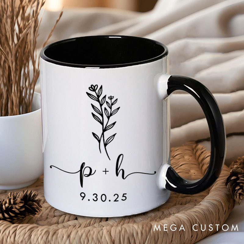 Personalized Couple Minimalist Floral Mug with Initials Custom Couple Coffee Mug with Date Valentine's Day Mug for Husband Wife Boyfriend Girlfriend