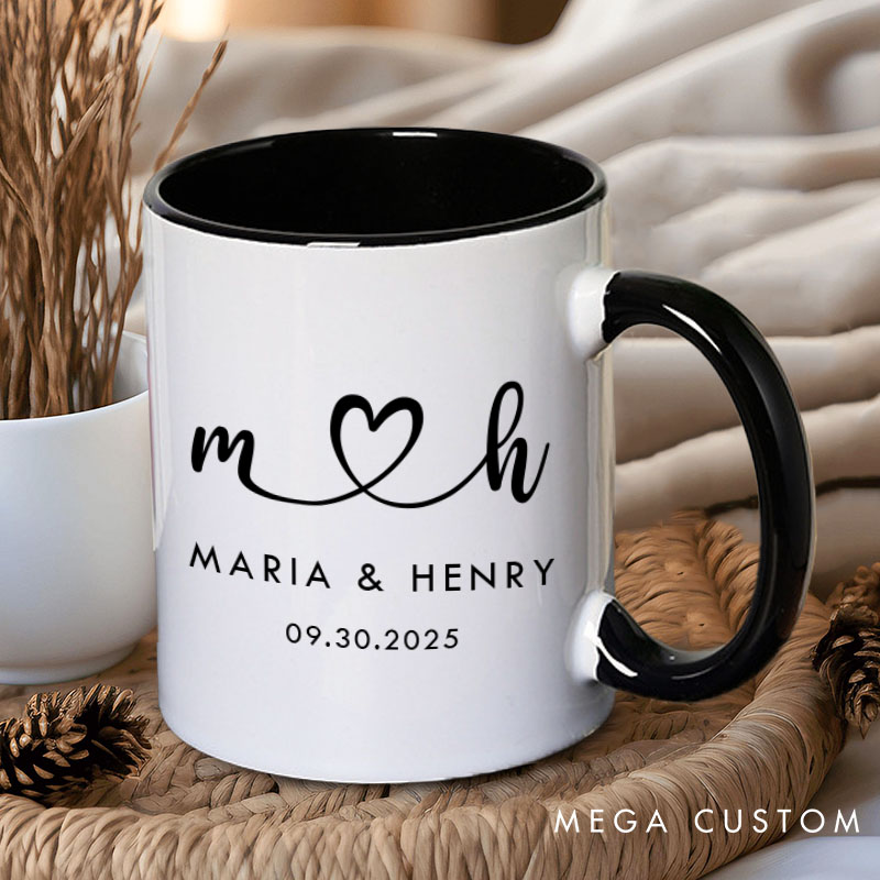 Personalized Couple Initials Heart Mug Custom Couple Name Coffee Mug with Date Valentine's Day Mug for Husband Wife Boyfriend Girlfriend