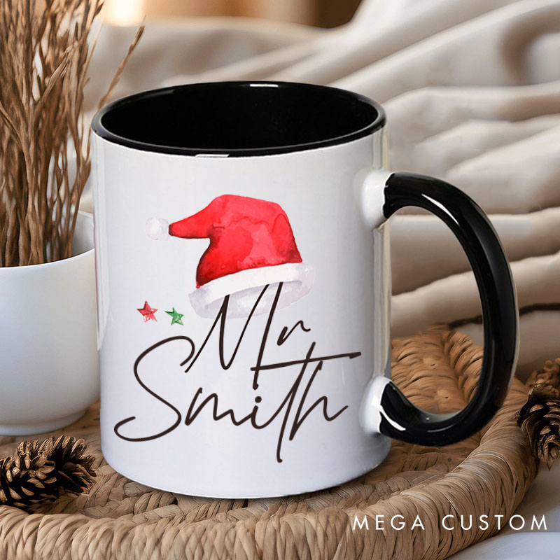 Personalized Couple Mr. and Mrs. with Christmas Hat Mug Custom Couple Xmas Coffee Mug with Name Christmas Mug for Husband Wife Hubby Wifey