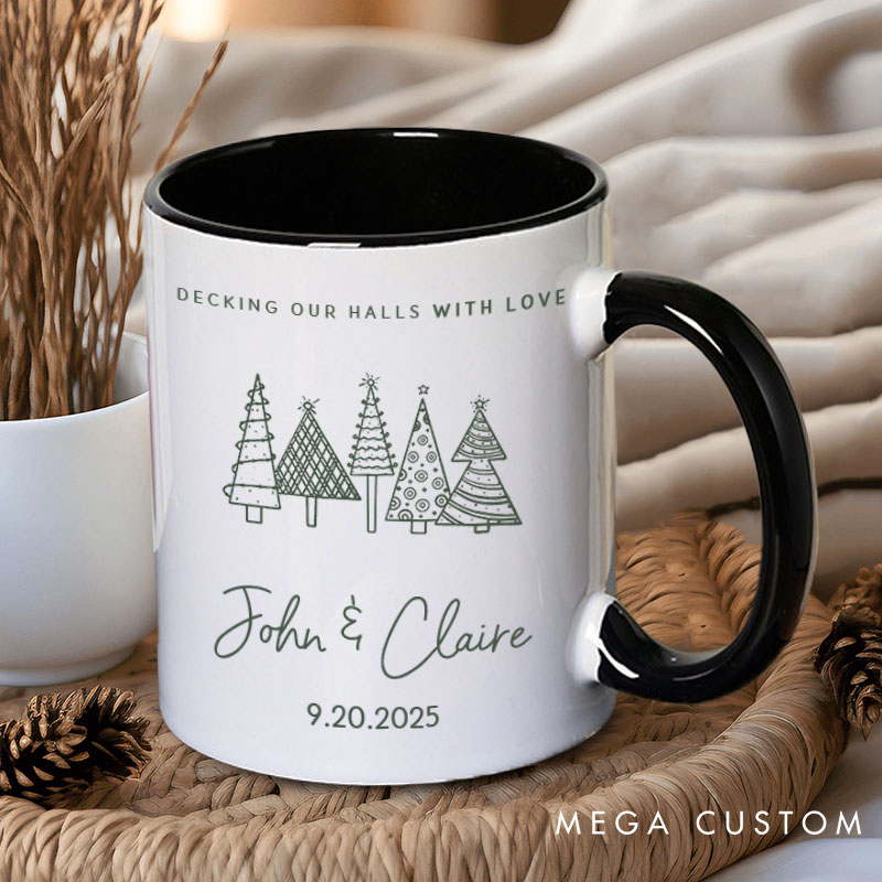 Personalized Couple Decking Our Halls with Love Christmas Mug Custom Couple Name Xmas Tree Coffee Mug for Husband Wife Boyfriend Girlfriend