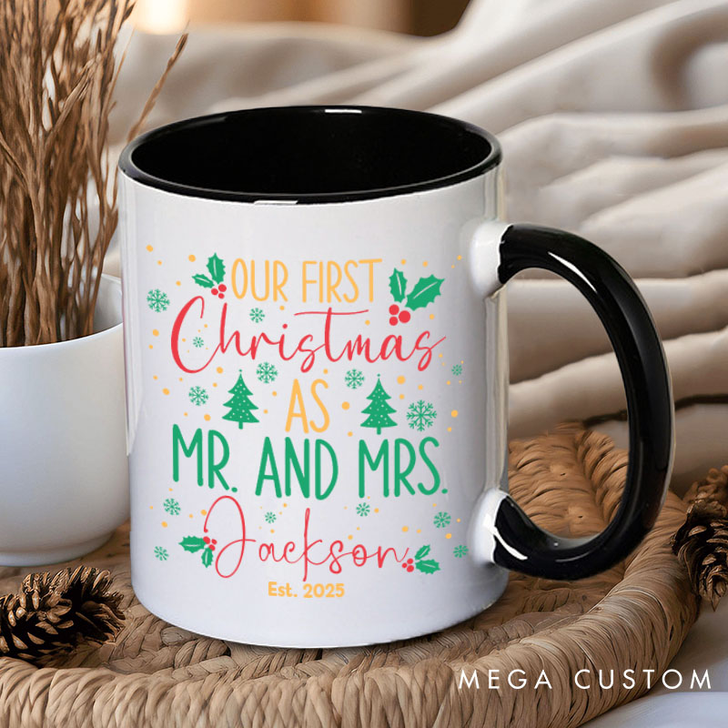 Personalized Couple Our First Christmas as Mr. and Mrs. Mug with Name Newlyweds Xmas Coffee Mug Christmas Mug for Husband Wife Hubby Wifey