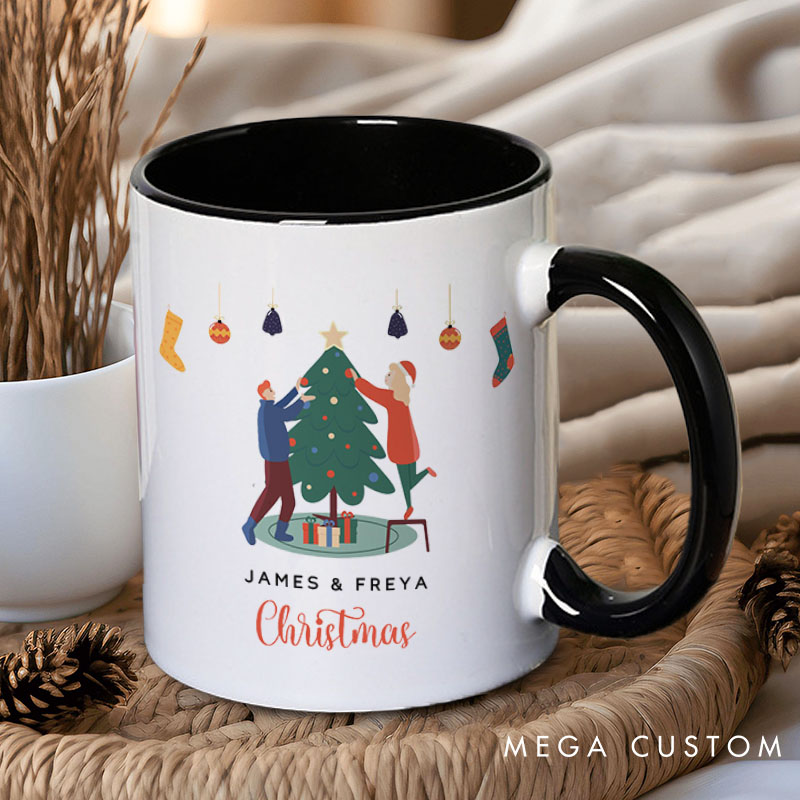 Personalized Couple Decorating a Christmas Tree Mug Custom Couple Name Xmas Coffee Mug Christmas Mug for Husband Wife Boyfriend Girlfriend