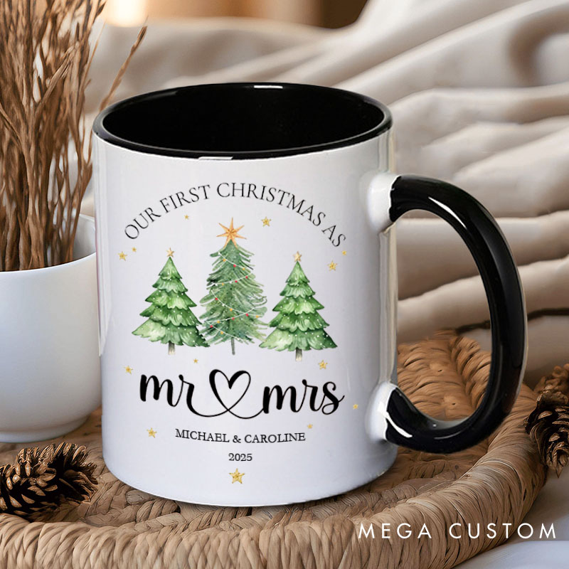 Personalized Couple Our First Christmas as Mr. and Mrs. Mug Custom Couple Xmas Tree Coffee Mug with Name Christmas Mug for Husband Wife Hubby Wifey
