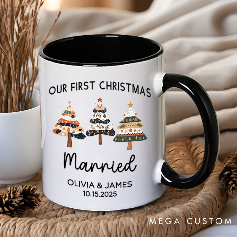 Personalized Couple Our First Christmas Married Mug Custom Newlyweds Name Xmas Tree Coffee Mug Christmas Mug for Husband Wife Hubby Wifey