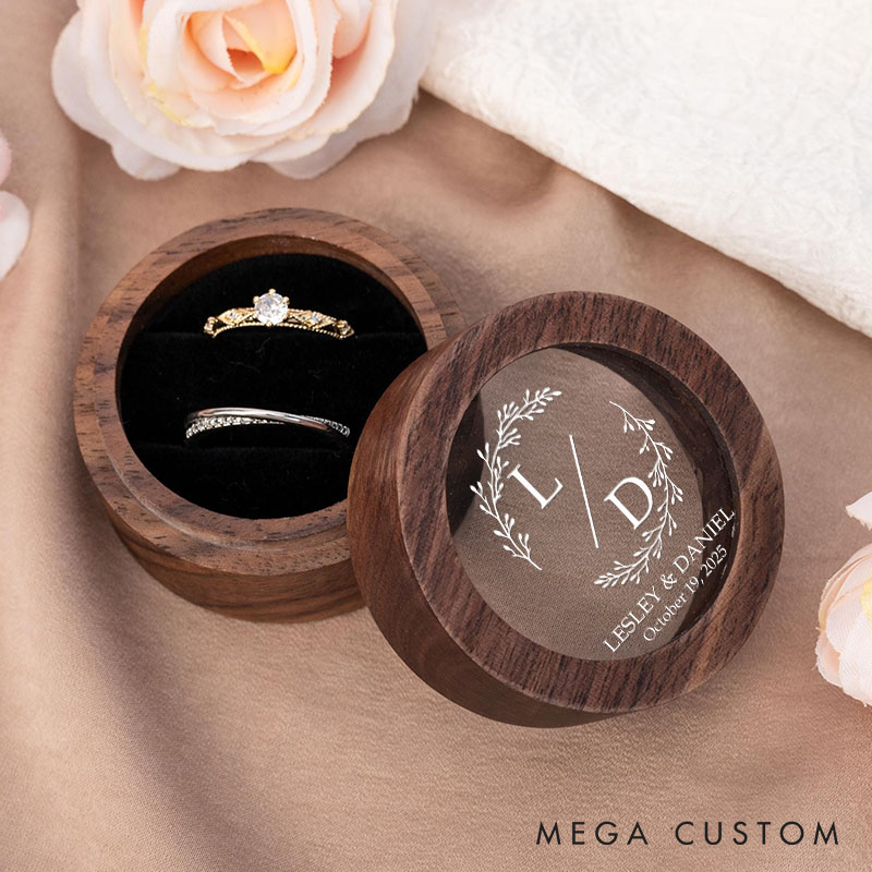 Personalized Couple Initials Round Wreath Wedding Wood Ring Box Custom Newlywed Ring Box with Acrylic Cover Engagement Ring Box Husband Wife Ring Box