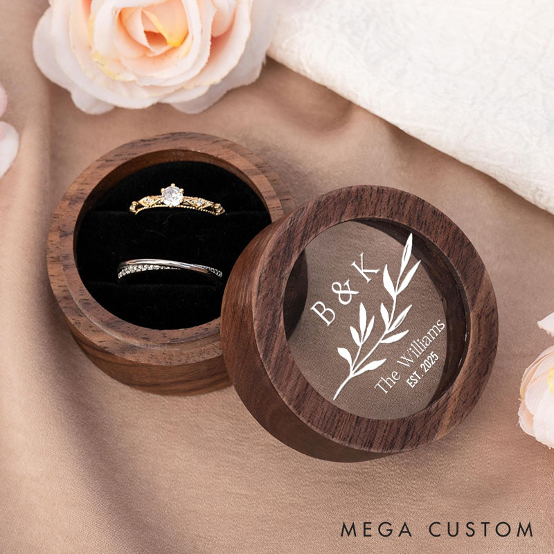 Personalized Couple Wedding Leaf Wooden Ring Box Newlyweds Initials Last Name Round Ring Box with Acrylic Cover Engagement Ring Box Husband Wife Gift