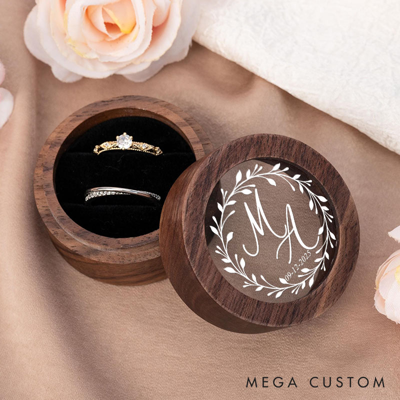 Personalized Couple Wedding Delicate Floral Wreath Wood Ring Box Newlyweds Initials Round Ring Box with Acrylic Cover Husband Wife Engagement Ring Box