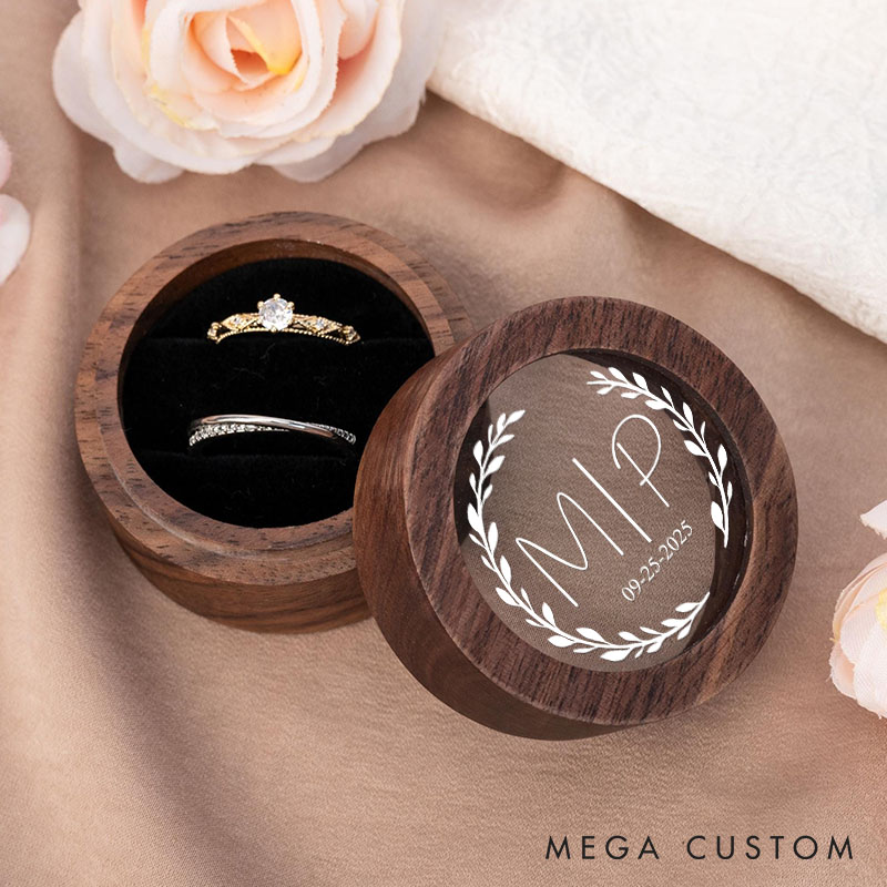 Personalized Couple Wedding Floral Wreath Wooden Ring Box Newlyweds Initials Round Ring Box with Acrylic Cover Engagement Ring Box Husband Wife Gift