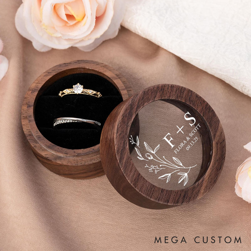 Personalized Couple Wedding Floral Leaf Wooden Ring Box Newlyweds Initials Name Round Ring Box with Acrylic Cover Husband Wife Engagement Ring Box