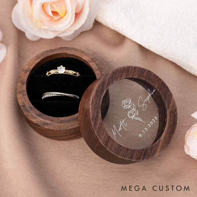 Personalized Couple Wedding Charming Line Rose Wooden Ring Box Custom Newlyweds Name Ring Box with Acrylic Cover Engagement Ring Box Husband Wife Gift