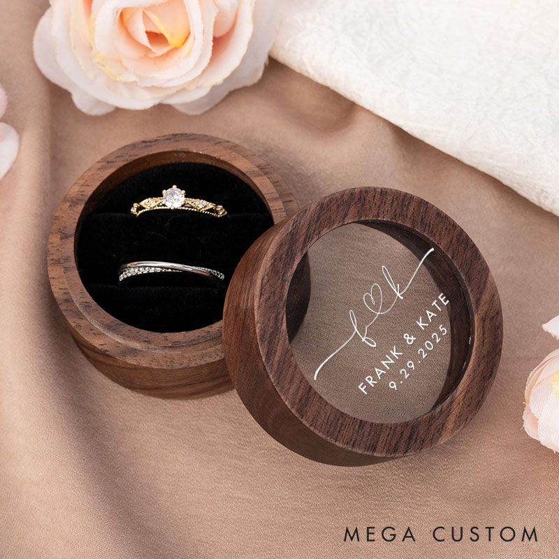 Personalized Couple Initials with Heart Wedding Wooden Ring Box Custom Newlywed Name Ring Box with Acrylic Cover Engagement Ring Box Husband Wife Gift