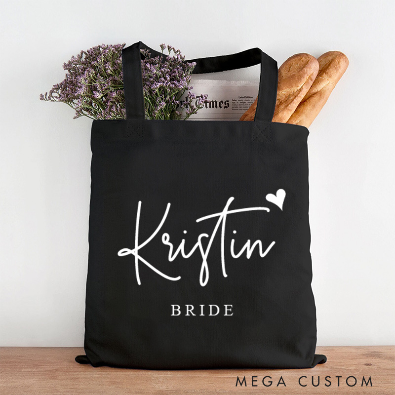 Personalized Bridesmaid Name with Heart Canvas Tote Bag Custom Bride Title Wedding Beach Tote Bag Maid of Honor Bachelorette Party Bridal Shower Gift
