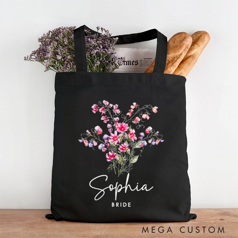 Personalized Bridesmaid Colorful Birth Flower Canvas Tote Bag Bride Month Flower Wedding Beach Bag Maid of Honor Bachelorette Party Bridal Shower Gift