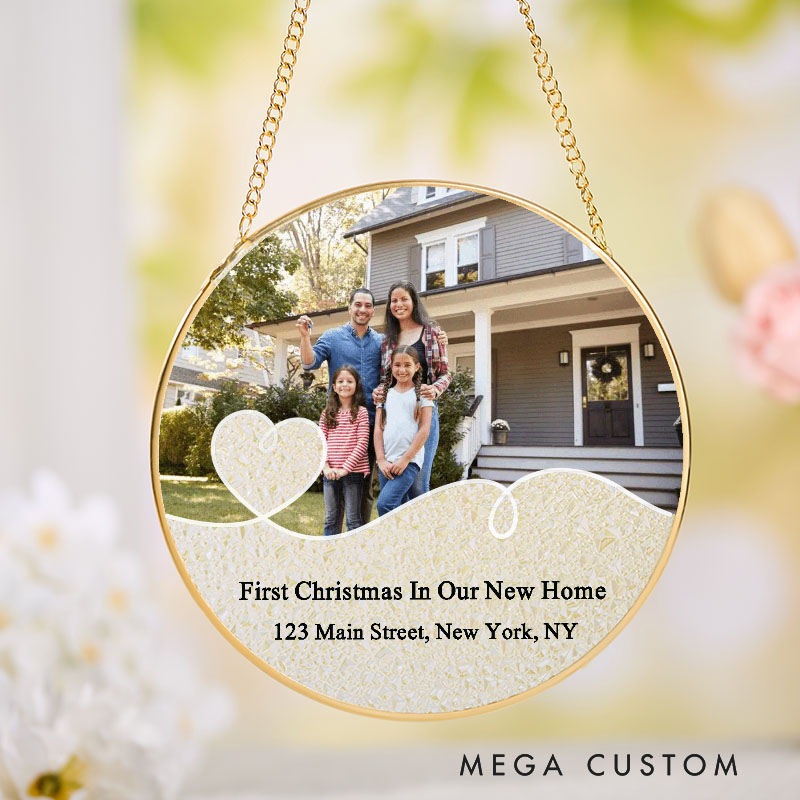 Personalized First Christmas in New Home Suncatcher Custom Photo and Heart Design Hanging Decoration Perfect for New Homeowners Housewarming Gift Keepsake Ornament