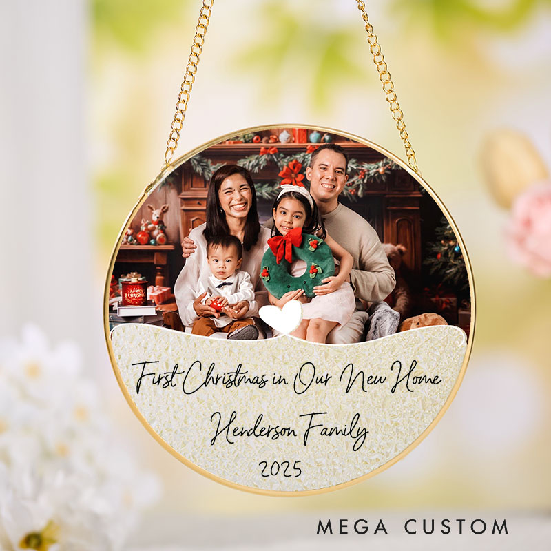Personalized First Christmas in Our New Home Suncatcher Custom Family Photo and Heart Design Hanging Decoration Perfect for New Homeowners Holiday Keepsake Ornament