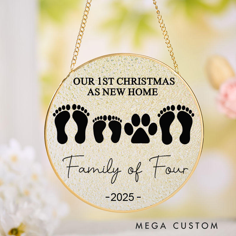 Personalized Our First Christmas as New Home Suncatcher Family Footprints and Paw Design Hanging Decoration Perfect for New Homeowners Keepsake Ornament Gift