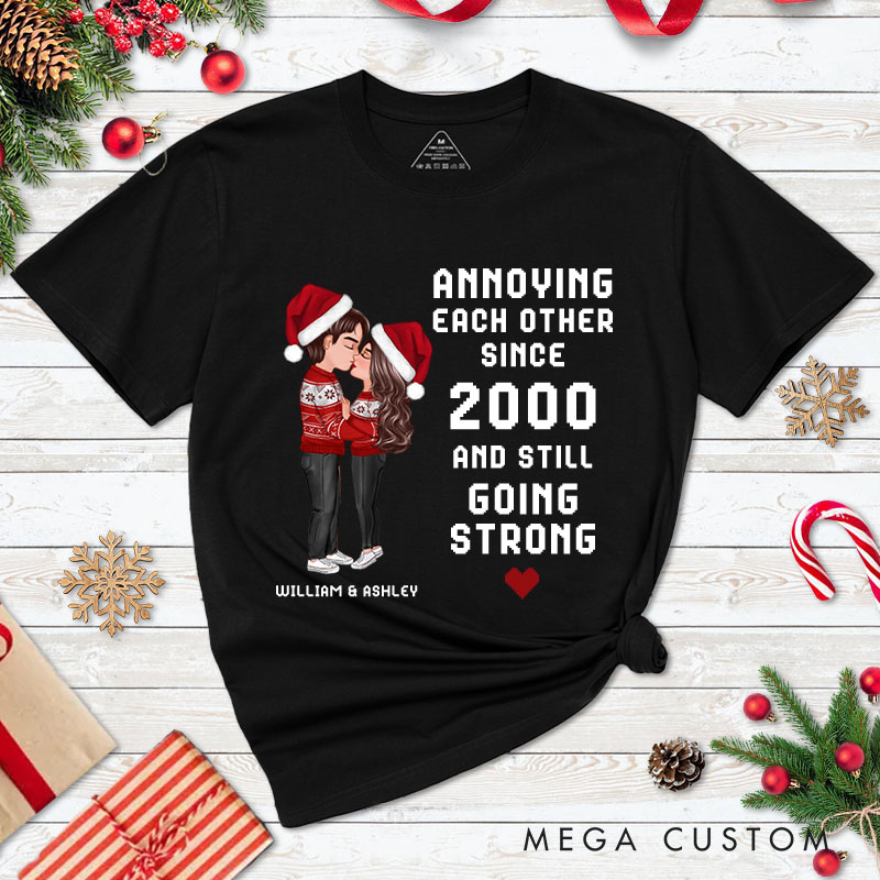 Personalized Christmas Hugging Kissing Couple T-Shirt Xmas Gift Shirt for Him Her Christmas Couple Top Cloth