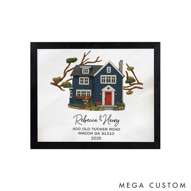 Personalized Embroidered House Photo Frame with Name Address Home Decor Custom Housewarming Gift from Photo New Home Wedding Christmas Gift for Family