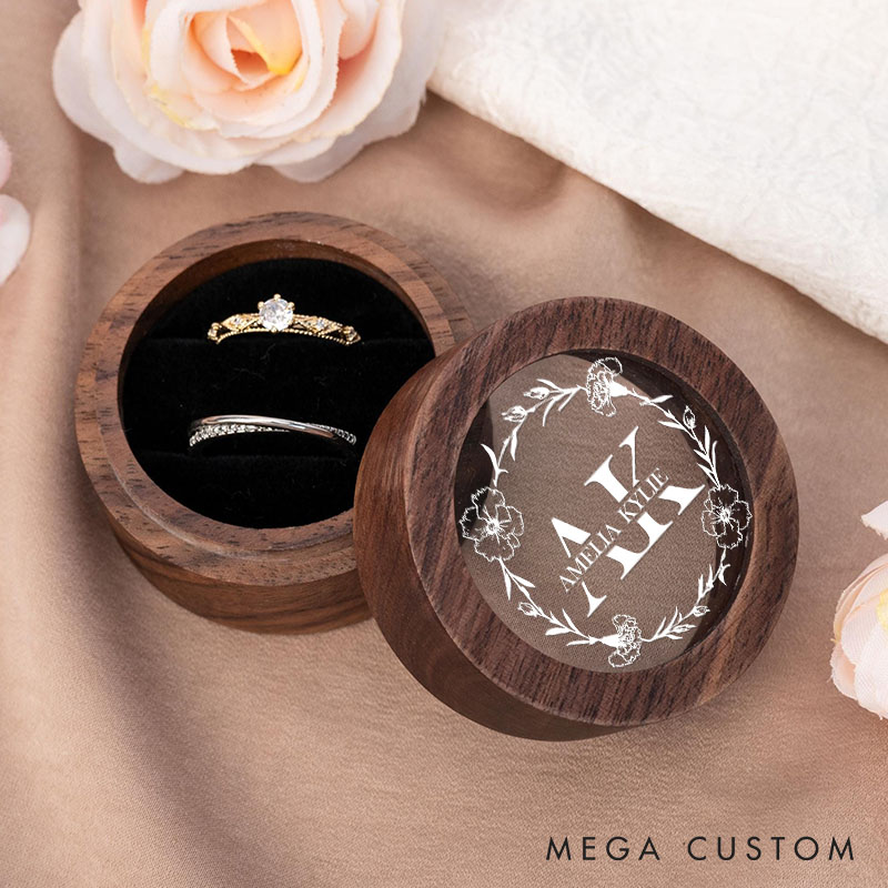 Personalized Couple Wedding Birth Floral Wreath Wood Ring Box Newlyweds Initial Name Ring Box with Acrylic Cover Engaged Ring Holder Husband Wife Gift