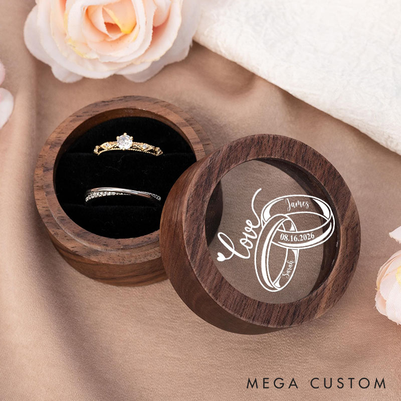 Personalized Couple Wedding Love Rings Wood Ring Box Custom Newlyweds Name Ring Box with Acrylic Cover Engaged Date Ring Holder Husband Wife Gift