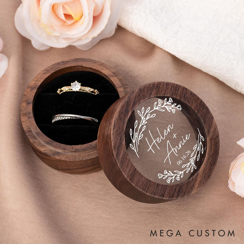 Personalized Couple Wedding Romantic Wreath Wood Ring Box Custom Newlyweds Name Ring Box with Acrylic Cover Engaged Date Ring Holder Husband Wife Gift