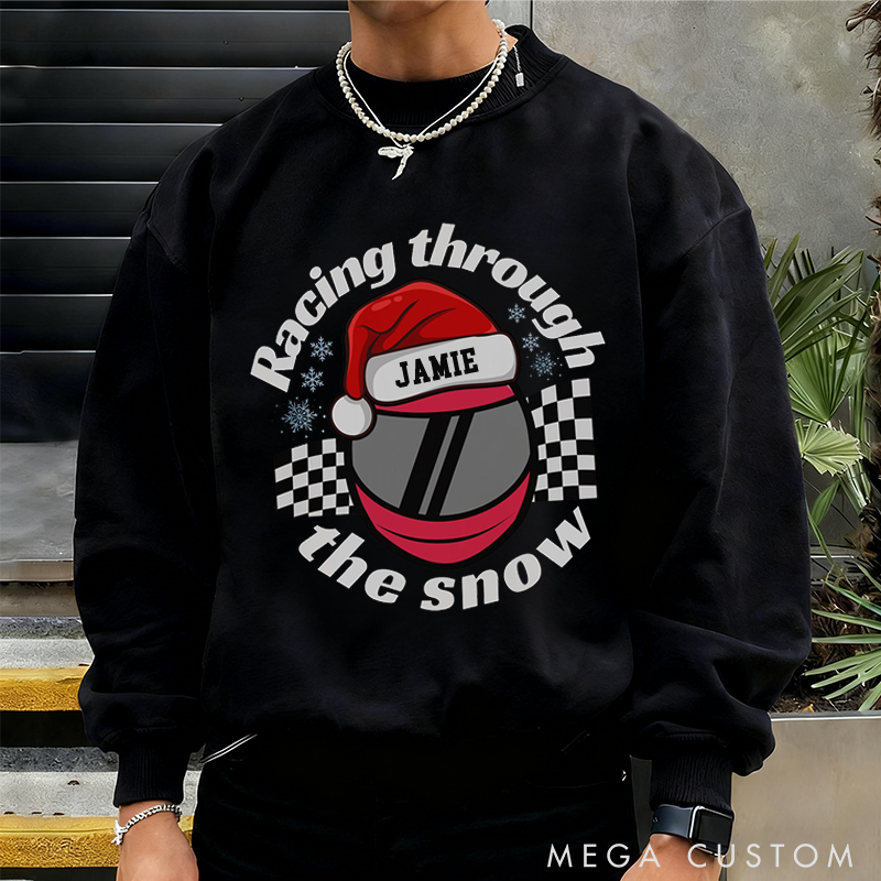 Personalized Christmas Sweatshirt Racing Through the Snow Design Sweatshirt Gift for Racers and Racing Lovers 