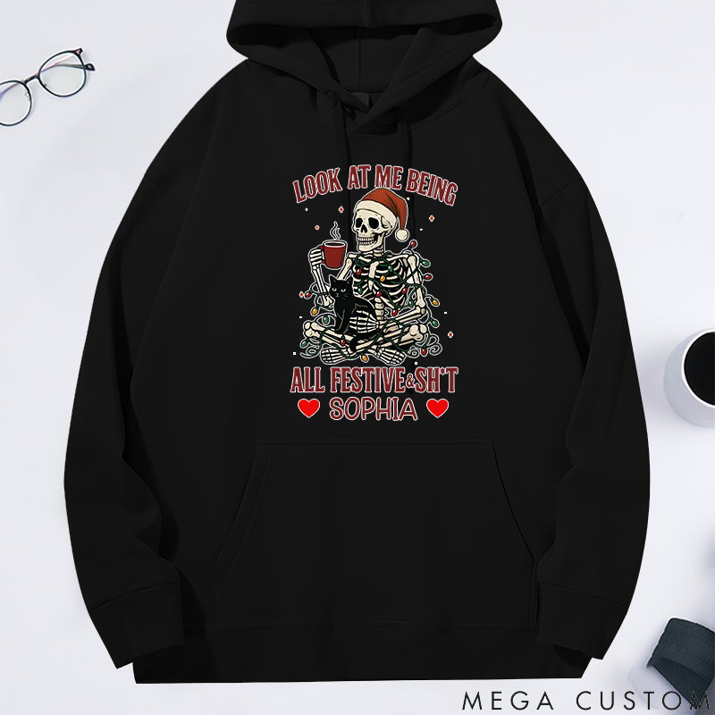 Personalized Classic Hoodie Christmas Skeleton Coffee Black Cat Theme