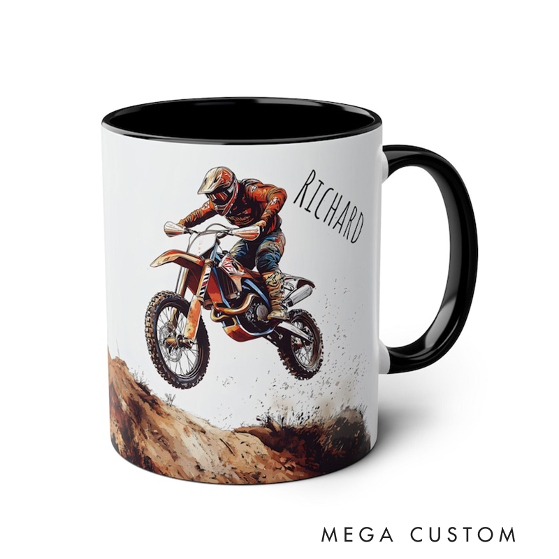 Personalized Motocross Mug Custom Dirt Bike Coffee Cup Ceramic off Road Racing Gift Extreme Sports Cup with Rider Name for Motorcycle Lovers