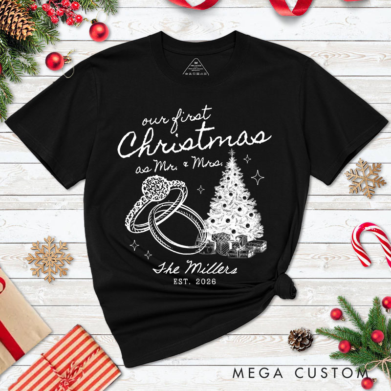 Personalized Couple Our First Christmas as Mr. and Mrs. T-Shirt Custom Newlyweds Wedding Rings Xmas Shirt for Husband Wife Married Tees Christmas Gift