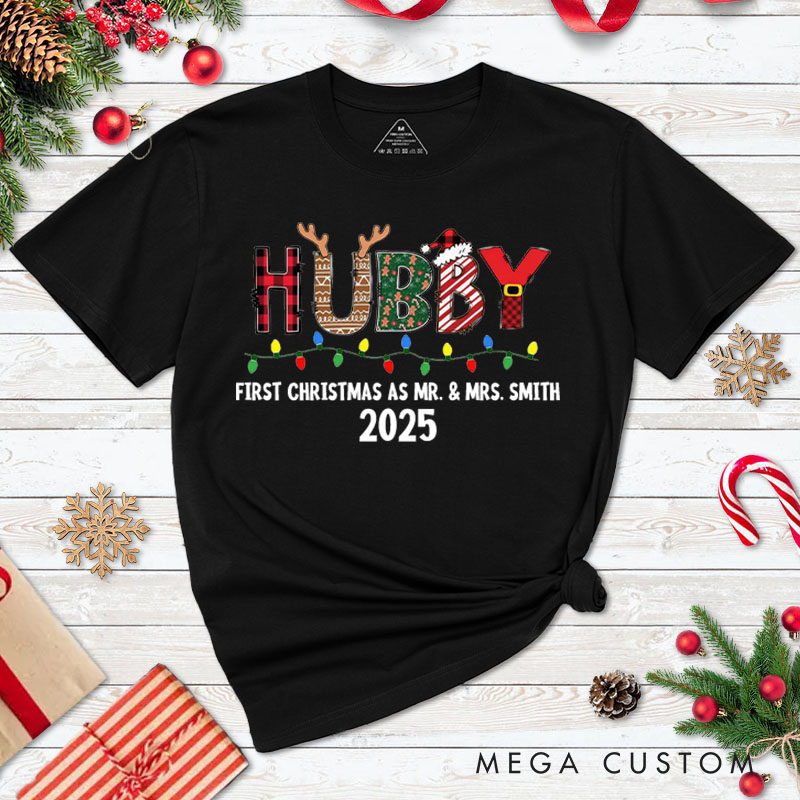 Personalized Couple Wifey and Hubby First Christmas T-Shirt Custom Newlyweds Christmas Light Shirt for Husband Wife Married Tee Tops Christmas Gift