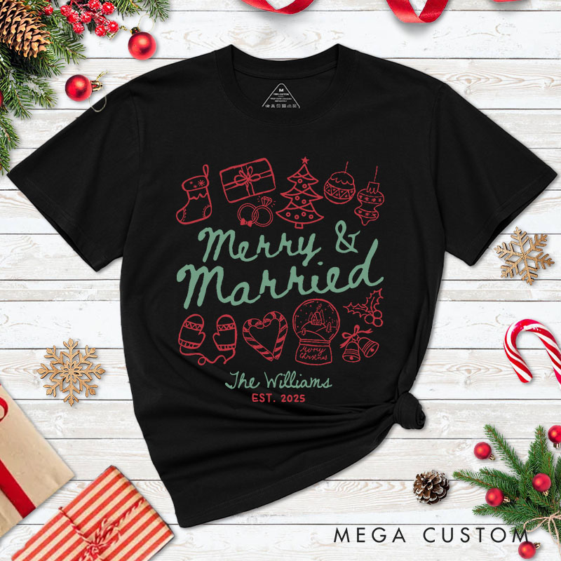 Personalized Couple Festive Merry and Married First Christmas T-Shirt Newlyweds Holly Accents Shirt for Husband Wife Married Tee Tops Christmas Gift