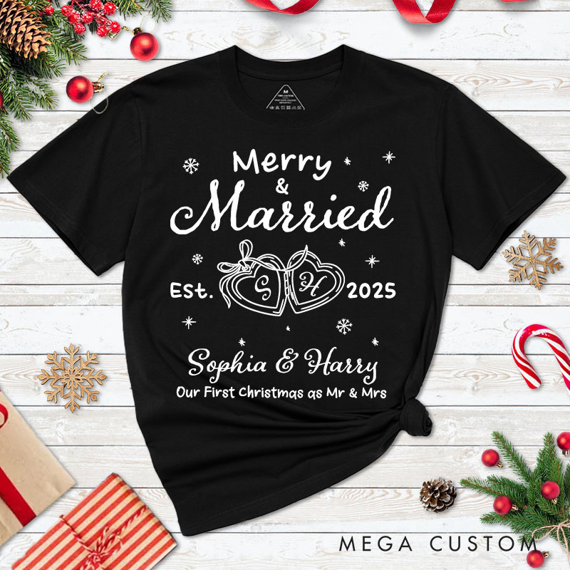 Personalized Couple Merry and Married First Christmas T-Shirt Newlyweds Locked Ring Shirt for Husband Wife Married Tee Tops Christmas Gift