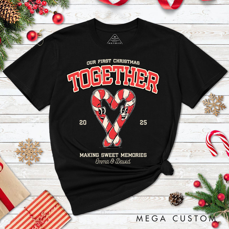 Personalized Couple Our First Christmas T-Shirt Custom Newlyweds Festive Heart Candy Canes Shirt for Husband Wife Married Tee Top BF GF Christmas Gift