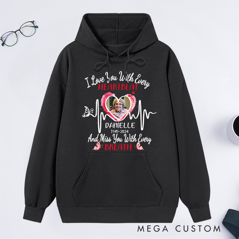 Personalized Photo Memorial Hoodie Big Piece of Heart Lives in Heaven Hoodie Gifts for Loss of Dad Mom RIP Sweatshirt Multi Color 