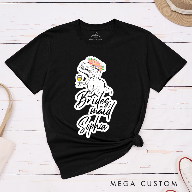 Personalized Bride Floral Crown Dinosaur with Drink Matching T-Shirt Bridesmaid T-Shirt Maid of Honor Wedding Day T-Shirt Bachelorette Party Gift