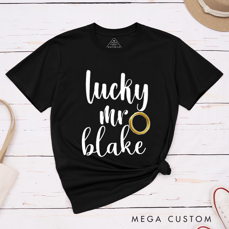 Personalized Playful Lucky Mr and Future Mrs with Rings Matching Engagement Couple Classic T-Shirt