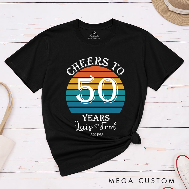 Personalized Couple 50th Anniversary T-Shirt Retro Sunset Anniversary Shirts Cheers to 50 Years T-Shirts for Husband Wife