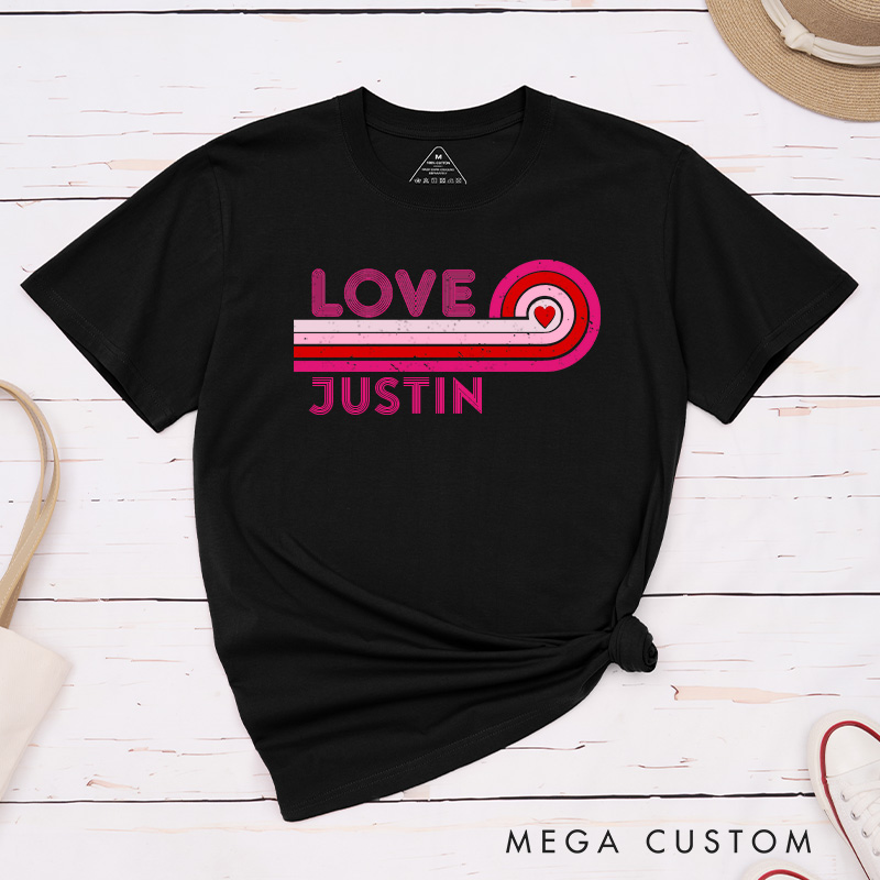 Personalized Retro Couple Pink Love with Heart Matching T-Shirt Valentine's Day Hubby and Wifey T-Shirt for Husband Wife Boyfriend Girlfriend Gift