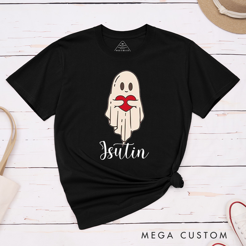 Personalized Couple Ghost Holding Heart Matching T-Shirt Valentine's Day Hubby and Wifey T-Shirt for Husband Wife Boyfriend Girlfriend Gift