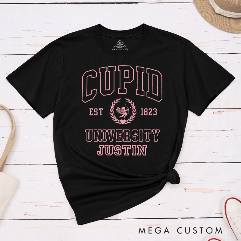 Personalized Couple Cupid University Matching T-Shirt Valentine's Day Hubby and Wifey T-Shirt for Husband Wife Boyfriend Girlfriend Gift