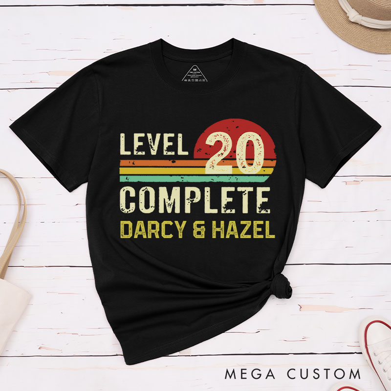 Personalized Couple 20th Anniversary T-Shirt LEVEL 20 COMPLETE Anniversary T-Shirts Sunset Couple Gift Tees for Wife Husband 