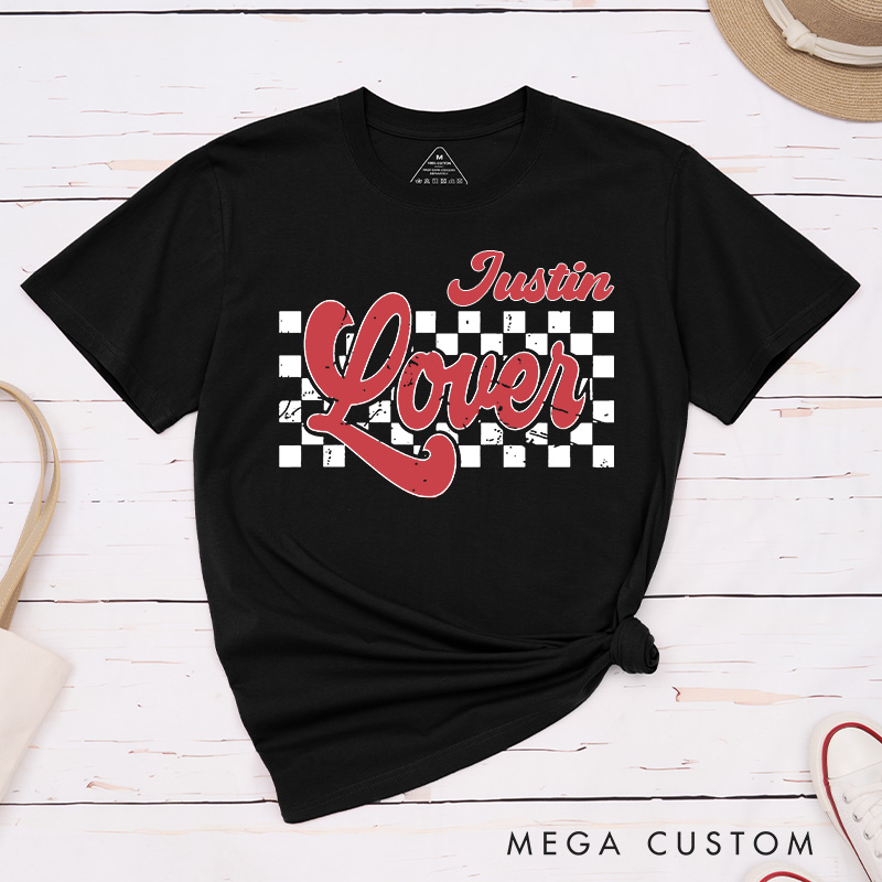 Personalized Retro Couple Lover Checkered Matching T-Shirt Valentine's Day T-Shirt for Husband Wife Boyfriend Girlfriend Gift for Hubby and Wifey