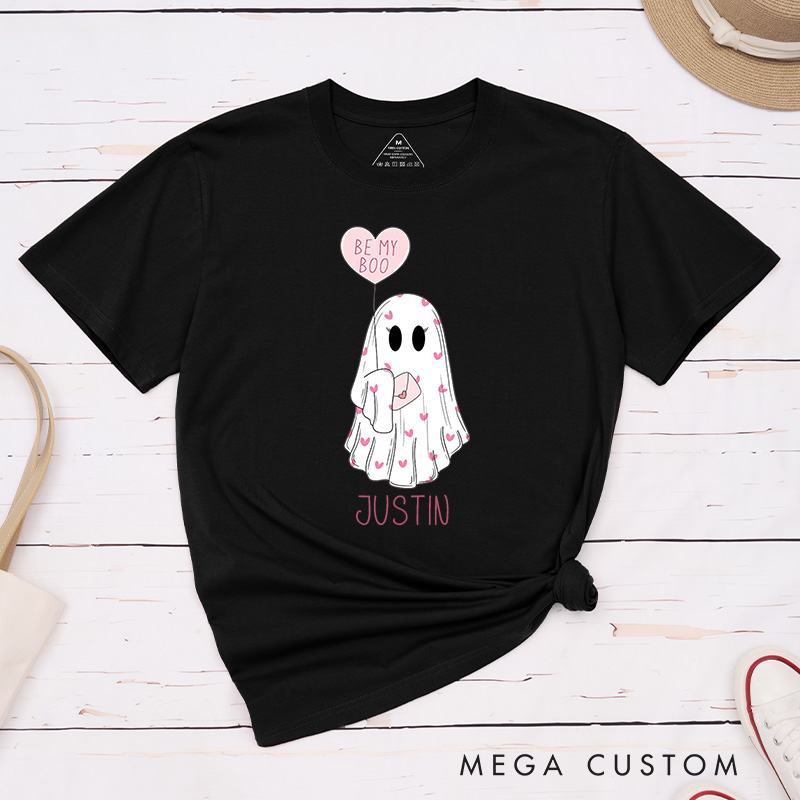 Personalized Couple Be My Boo Matching T-Shirt Valentine's Day Ghost Holding Heart Balloon T-Shirt for Husband Wife Boyfriend Girlfriend Gift