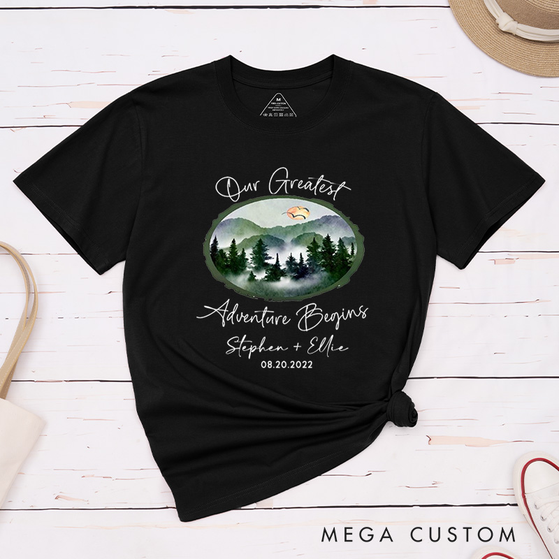 Personalized Watercolor Mountain Serence Our Greatest Adventure Begins Matching Honeymoon Couple Classic T-Shirt
