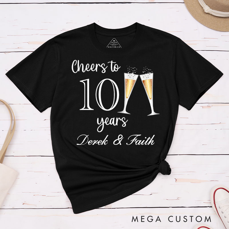Personalized Couple 10th Anniversary T-Shirt Cheers to 10 Years T-Shirt Anniversary Gift Champagne Tees for Wife Husband Couple Gift