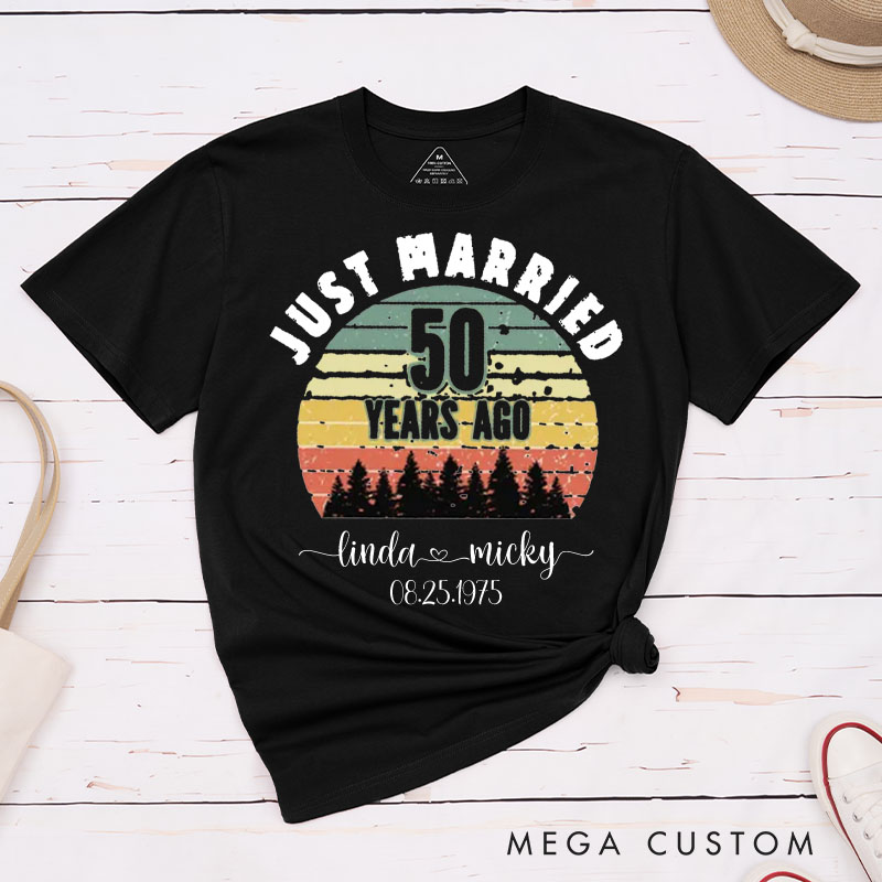 Personalized Couple 50th Anniversary T-Shirt Just Married 50 Years Ago T-Shirt Anniversary Golden Wedding Sunset Tees for Wife Husband