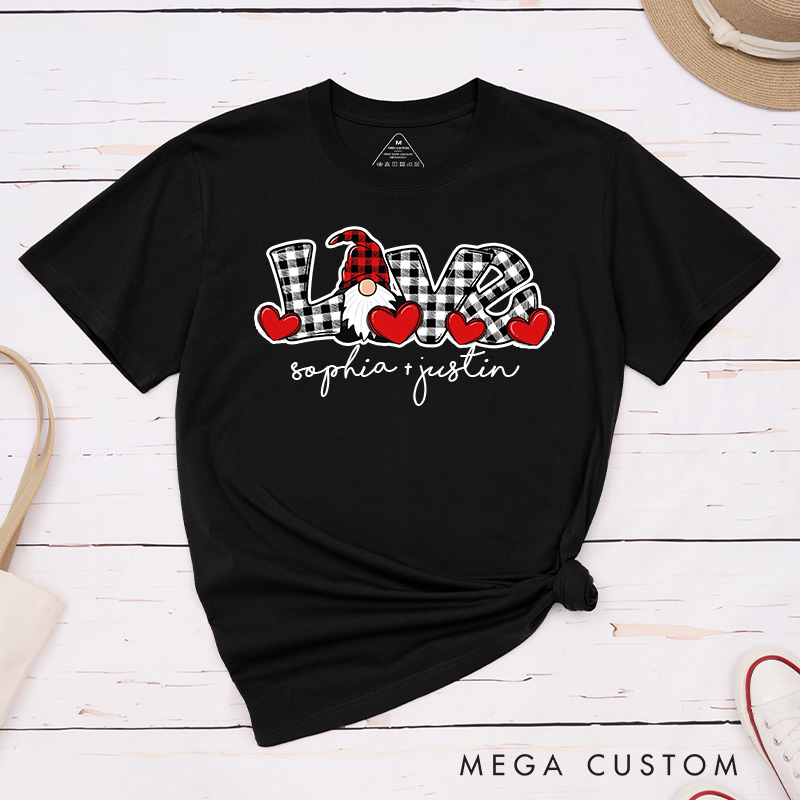 Personalized Couple Plaid Love Gnome with Red Heart Matching T-Shirt Valentine's Day T-Shirt for Husband Wife Boyfriend Girlfriend Gift