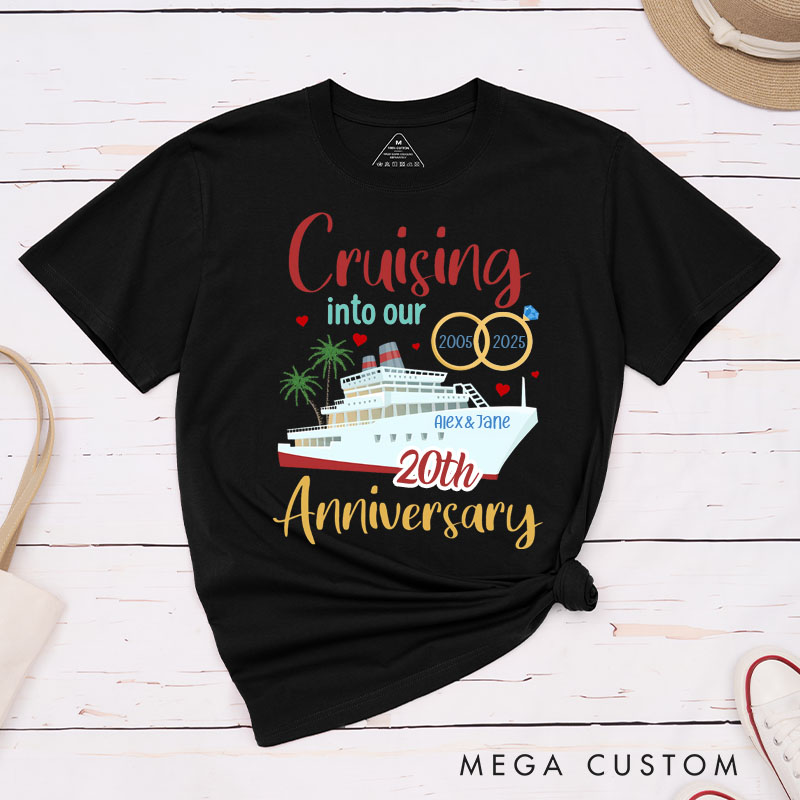 Personalized Couple 20th Cruise Anniversary T-Shirt Cruising into Our 20th Anniversary Shirt Romantic Celebration Anniversary Tees