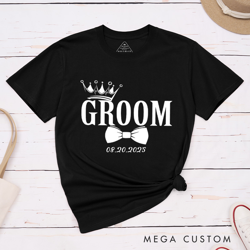 Personalized Regal Bride and Groom with Crowns and Date Matching Wedding Couple Classic T-Shirt